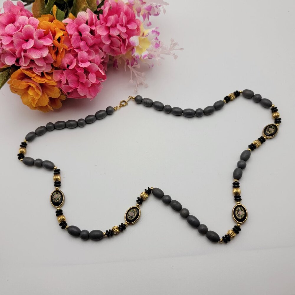 Vintage Floral Cameo Charm Beaded Necklace Black Gray And Gold 26" Signed Japan
